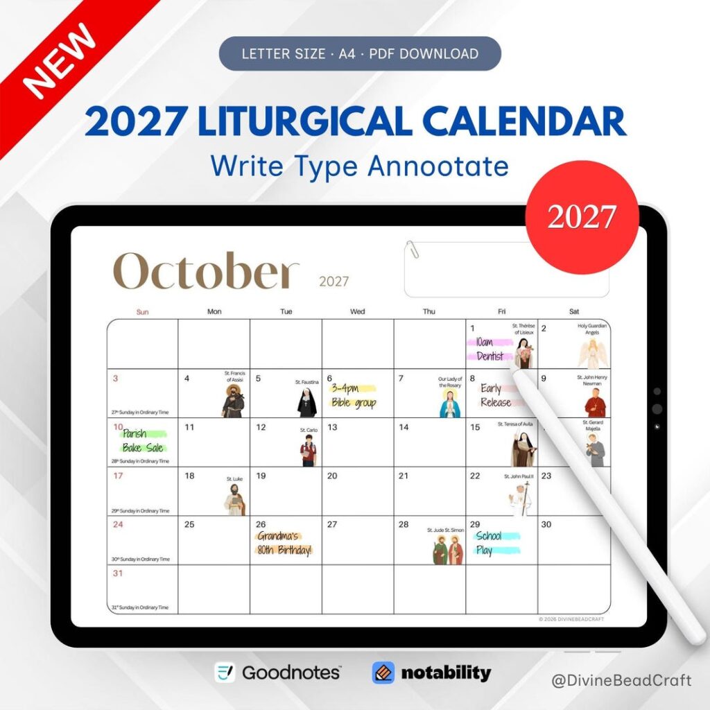 Liturgical Calendar 2027 (NEW) | Catholic Feasts and Solemnities | A4 ...