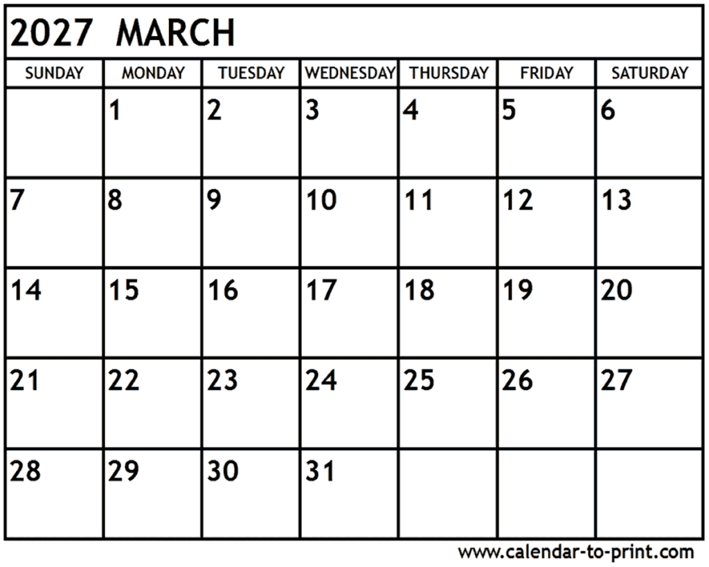March 2027 Calendar Printable March 2027 Calendar Printable