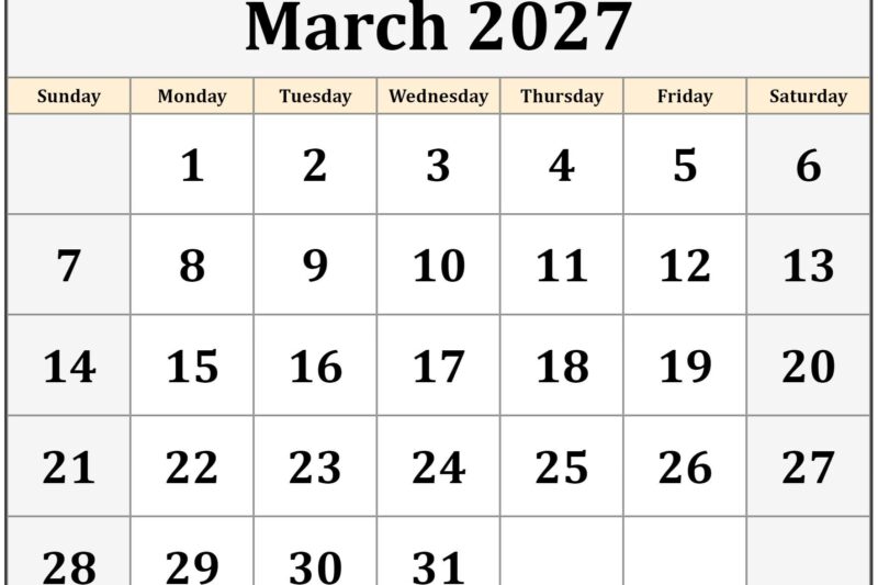 March 2027 Calendar Printable Free