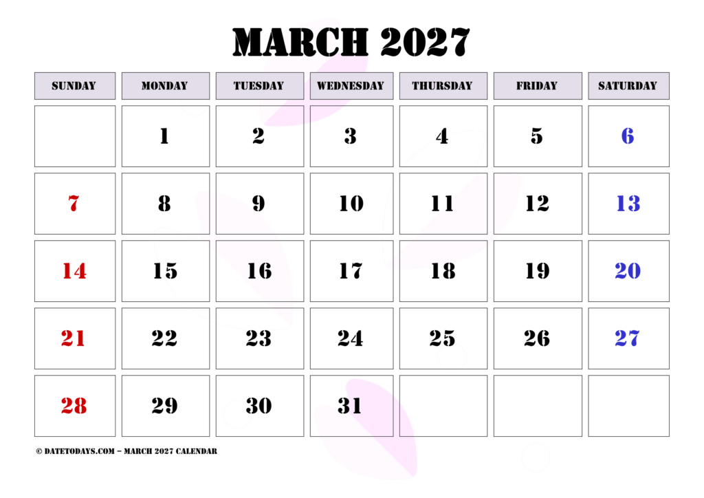 March 2027 Calendar – Printable PDF with Holidays March 2027 Calendar - Printable PDF with Holidays