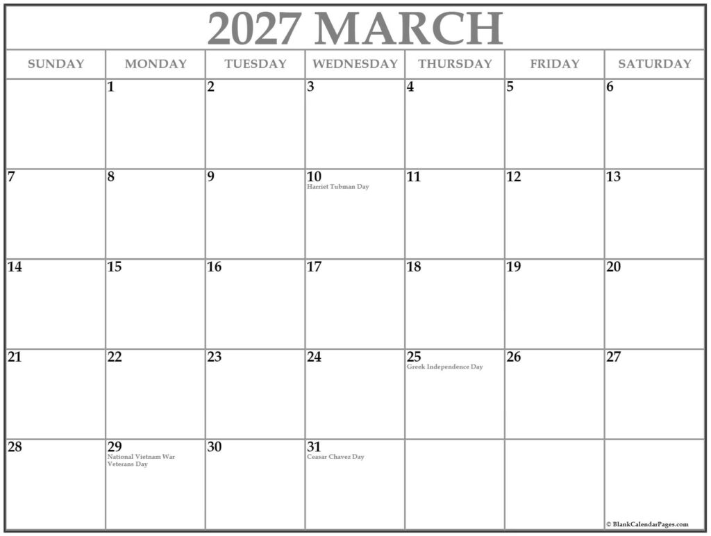 March 2027 Calendar With Holidays – My Printable Template March 2027 Calendar With Holidays - My Printable Template