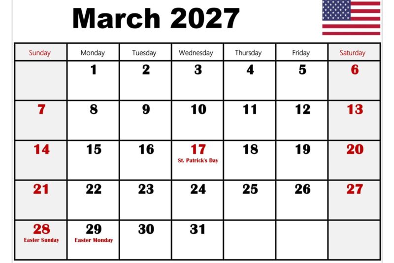 March 2027 Calendar With Holidays Printable