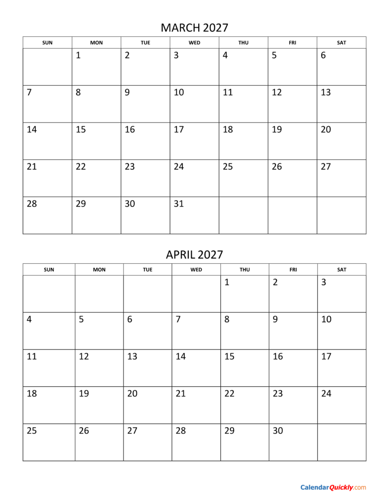 March and April 2027 Calendar | Calendar Quickly March and April 2027 Calendar | Calendar Quickly