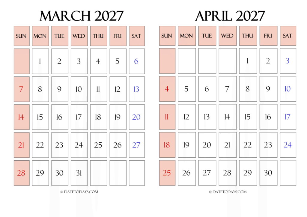 March April 2027 Calendar Printable March April 2027 Calendar Printable