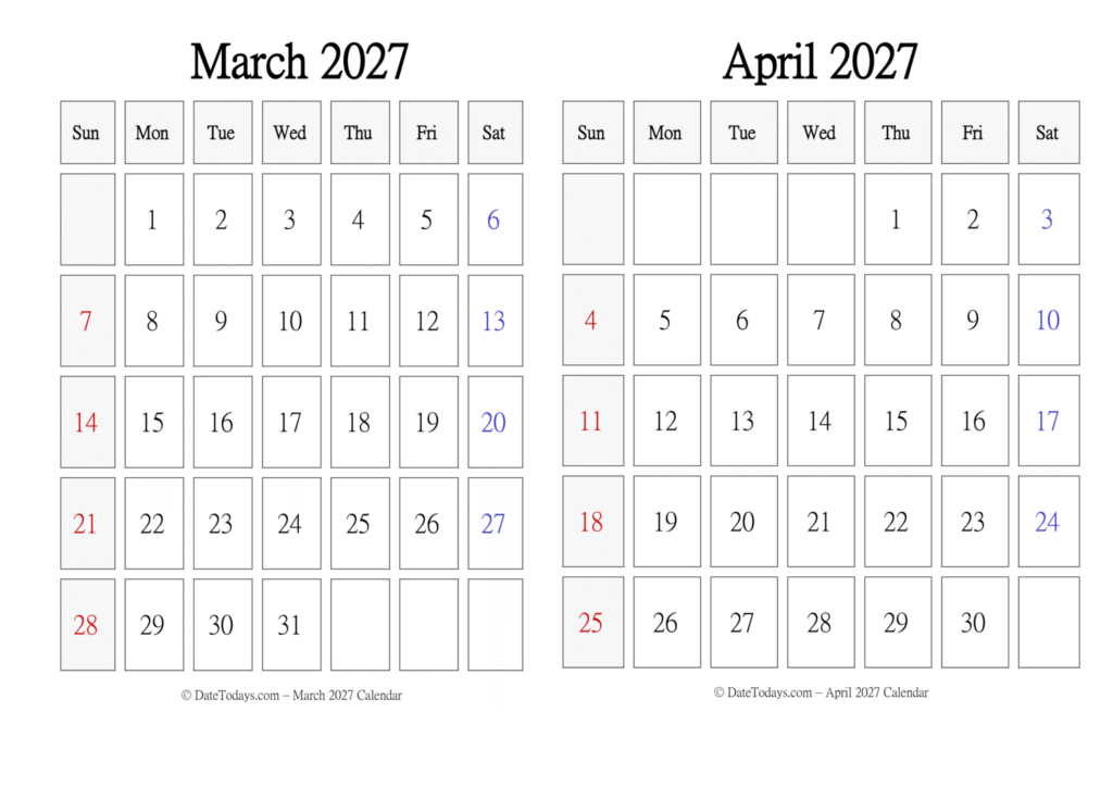 March April 2027 Calendar Printable March April 2027 Calendar Printable