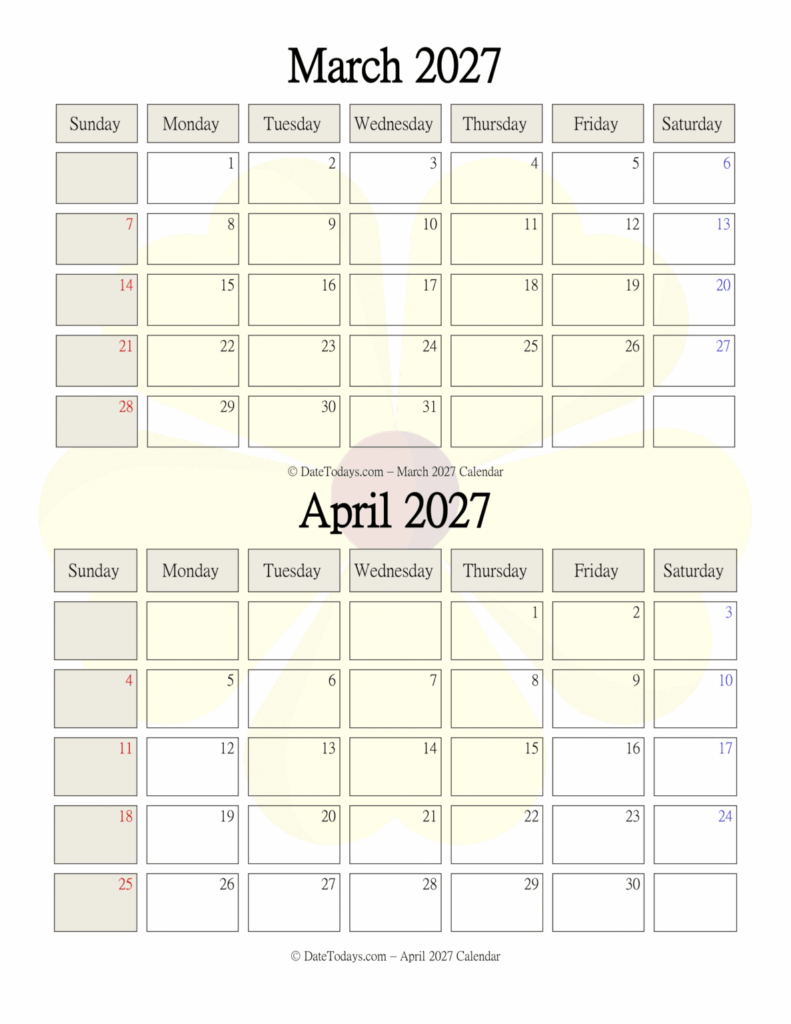 March April 2027 Calendar Printable March April 2027 Calendar Printable