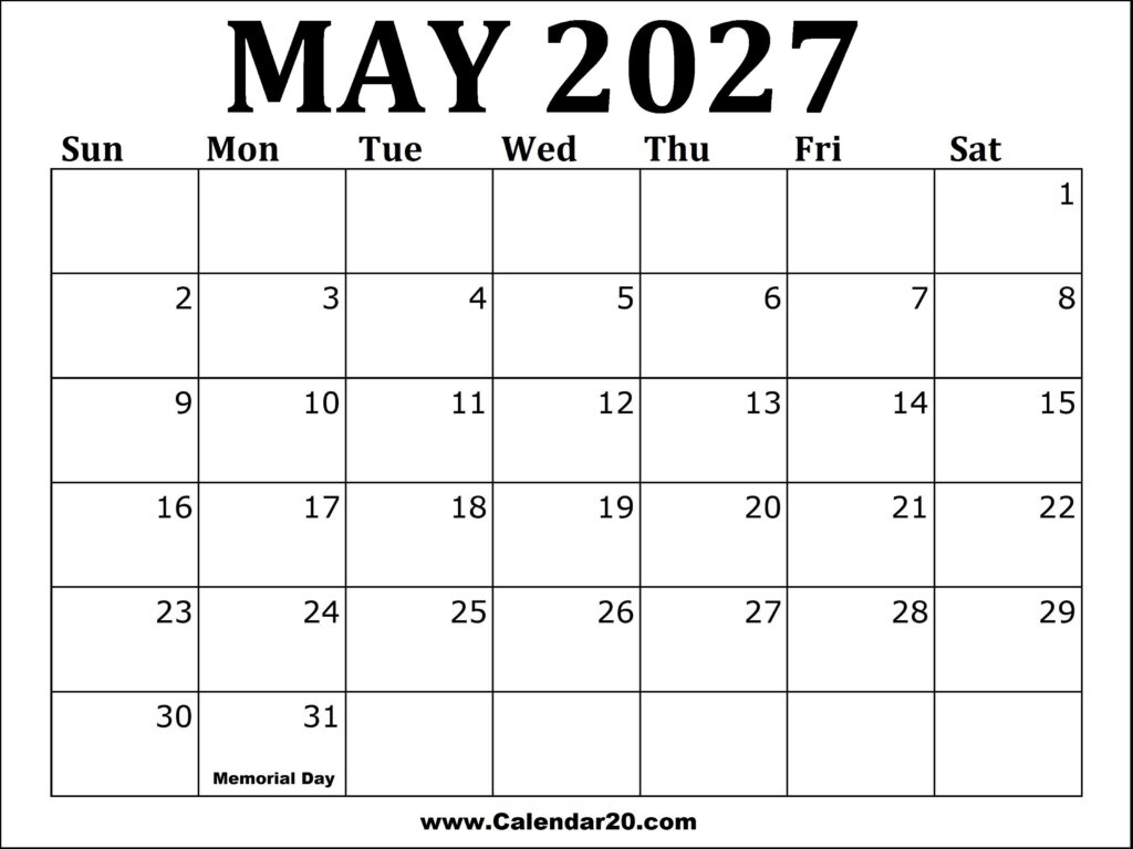 May 2027 Calendar Printable – Calendar20.com May 2027 Calendar Printable - Calendar20.com