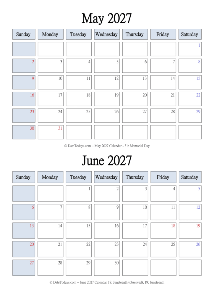 May June 2027 Calendar Printable with Holidays May June 2027 Calendar Printable with Holidays