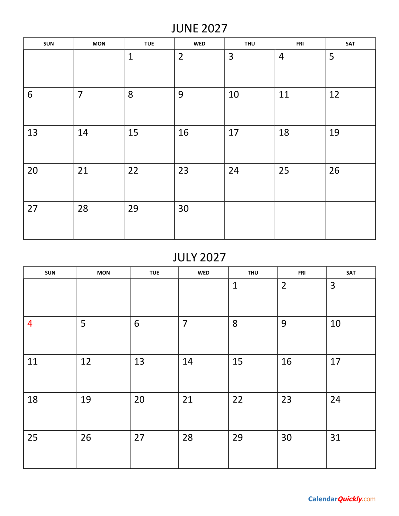 May June July 2027 Calendar Printable - June and July 2027 Calendar | Calendar Quickly