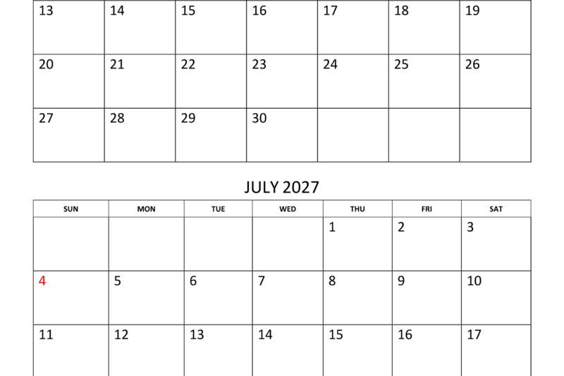 May June July 2027 Calendar Printable
