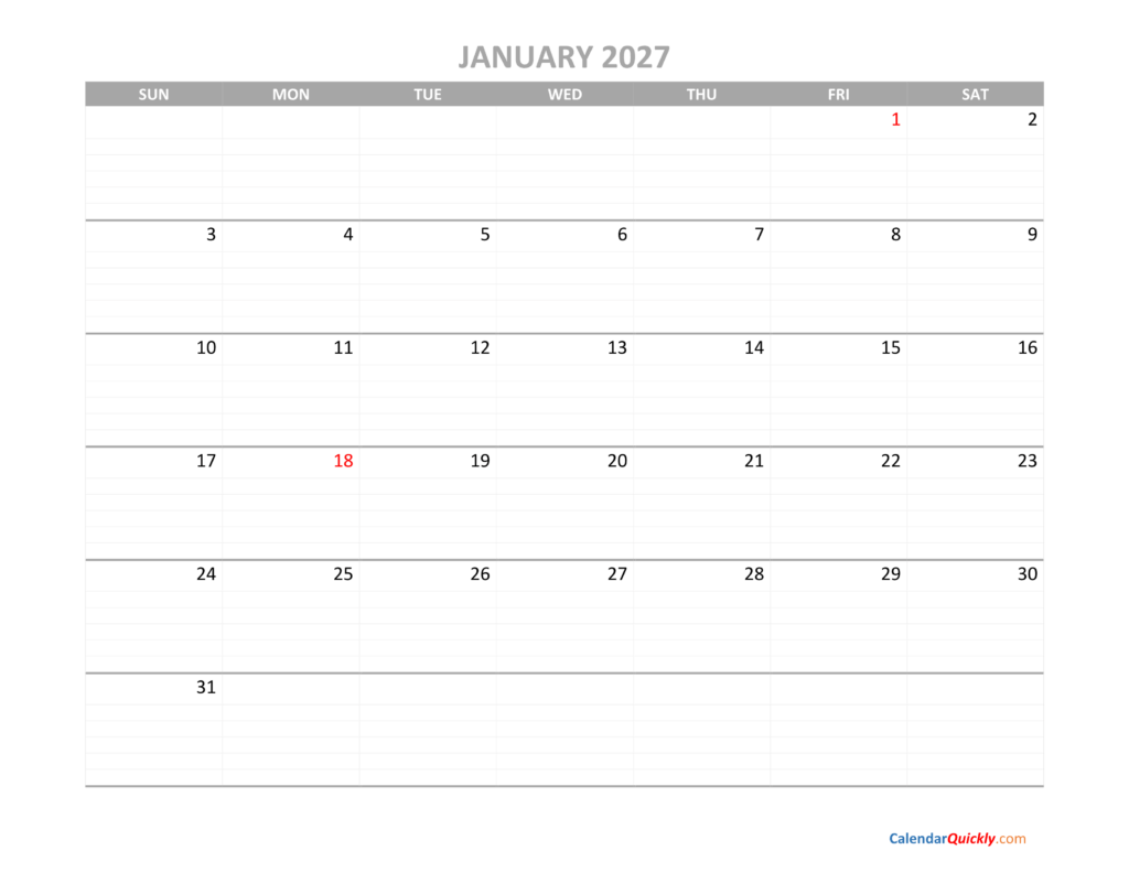 Monthly Calendar 2027 Printable | Calendar Quickly
