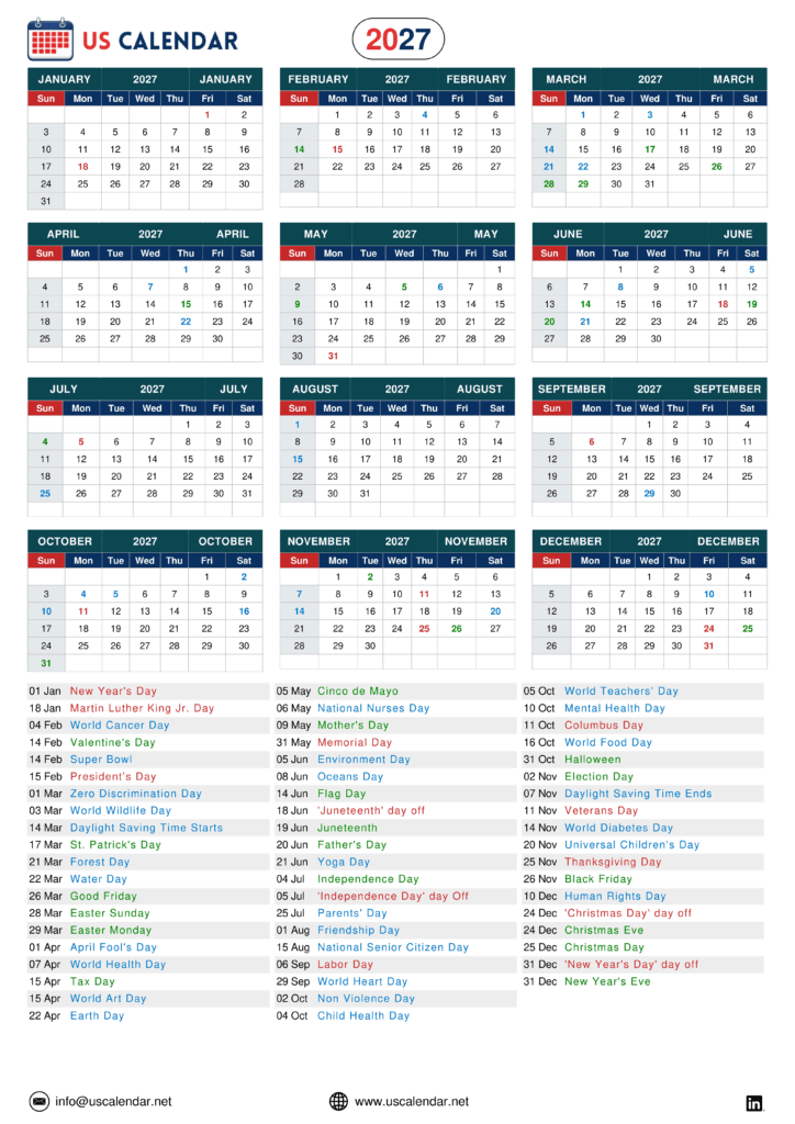National Day Calendar 2027 Printable Free - United States 2027 Calendar with Holidays | Printable Calendar 2027