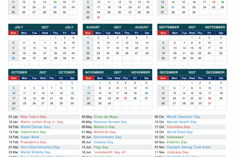 National Day Calendar 2027 Printable Free