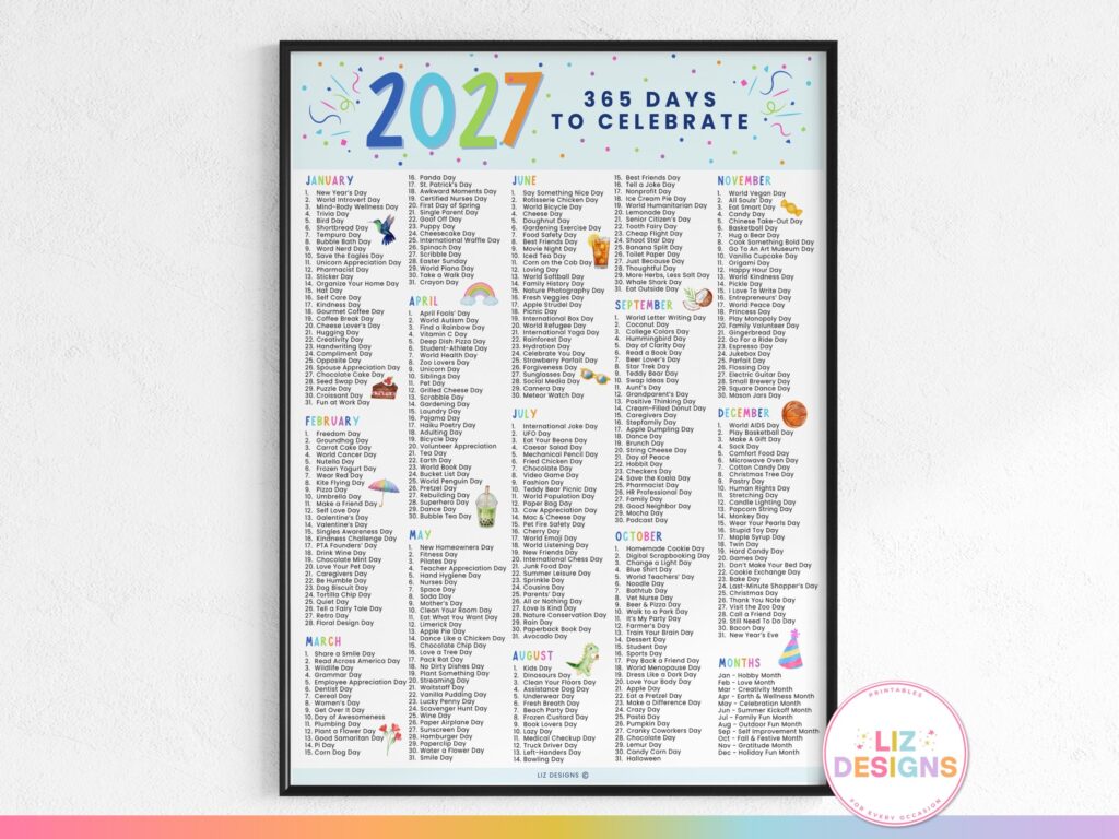 National Days Calendar 2027 Printable - 2027 National Days Calendar Printable, Content Planner, Theme Days, One ...
