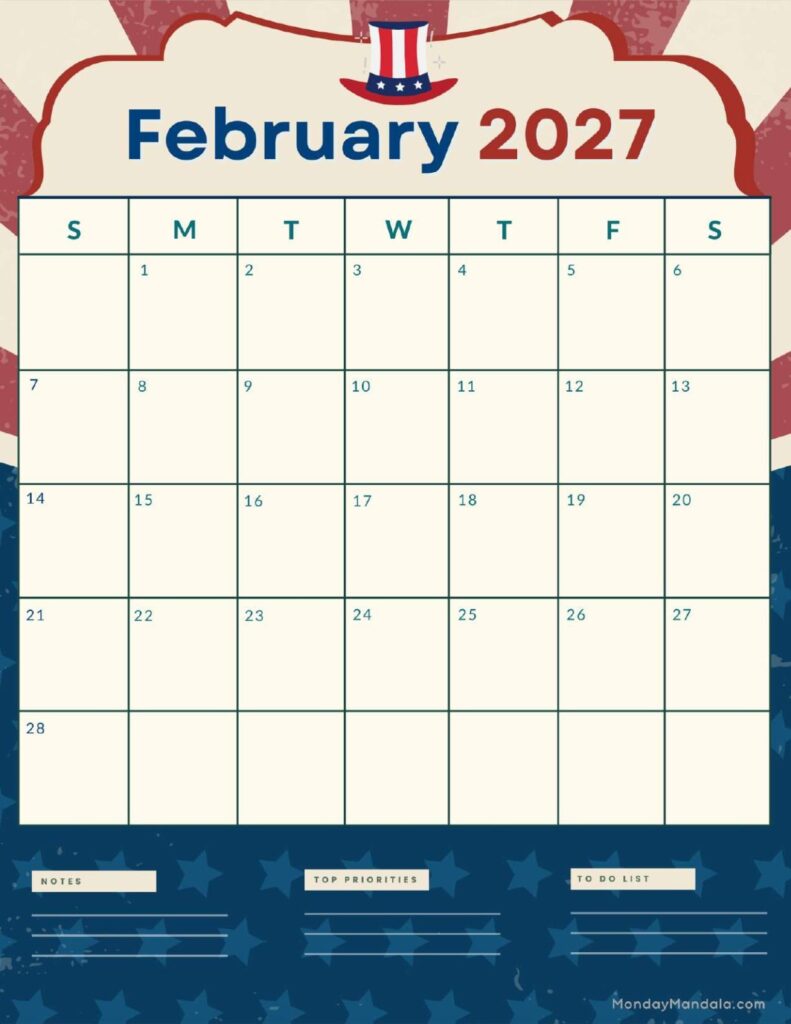 Presidents Day 2027 Calendar Printable - February 2027 Calendar (52 Free PDF Printables)
