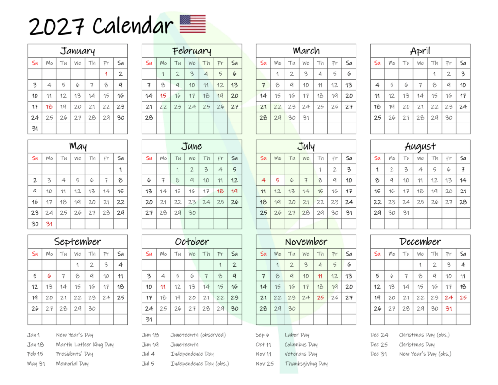 Printable 2027 Calendar on One Page PDF Printable 2027 Calendar on One Page PDF
