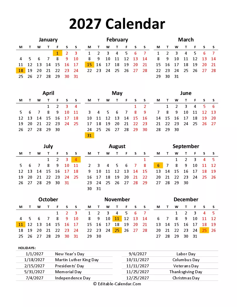 Printable 2027 Calendar With Federal Holidays - Download Free 2027 Calendar Printable With Us Holidays Portrait, weeks ...