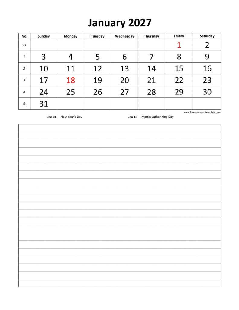 Printable 2027 January Calendar grid lines for daily notes (vertical ...