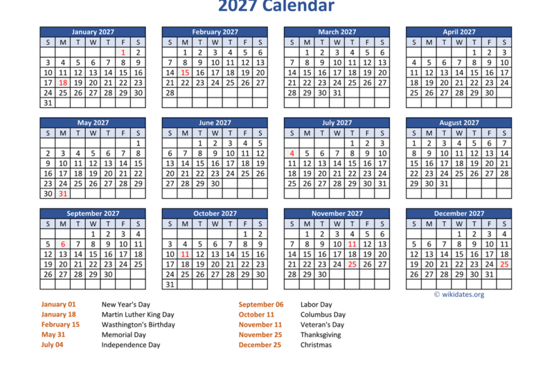 Printable 2027 Payroll Calendar Template