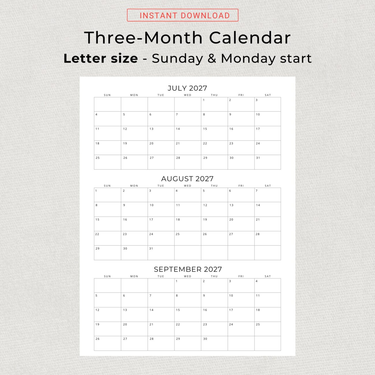 Printable Calendar 2027 3 Months Per Page - 2027 Calendar 2027 3 Months per Page Calendar Monthly Planner Printable ...