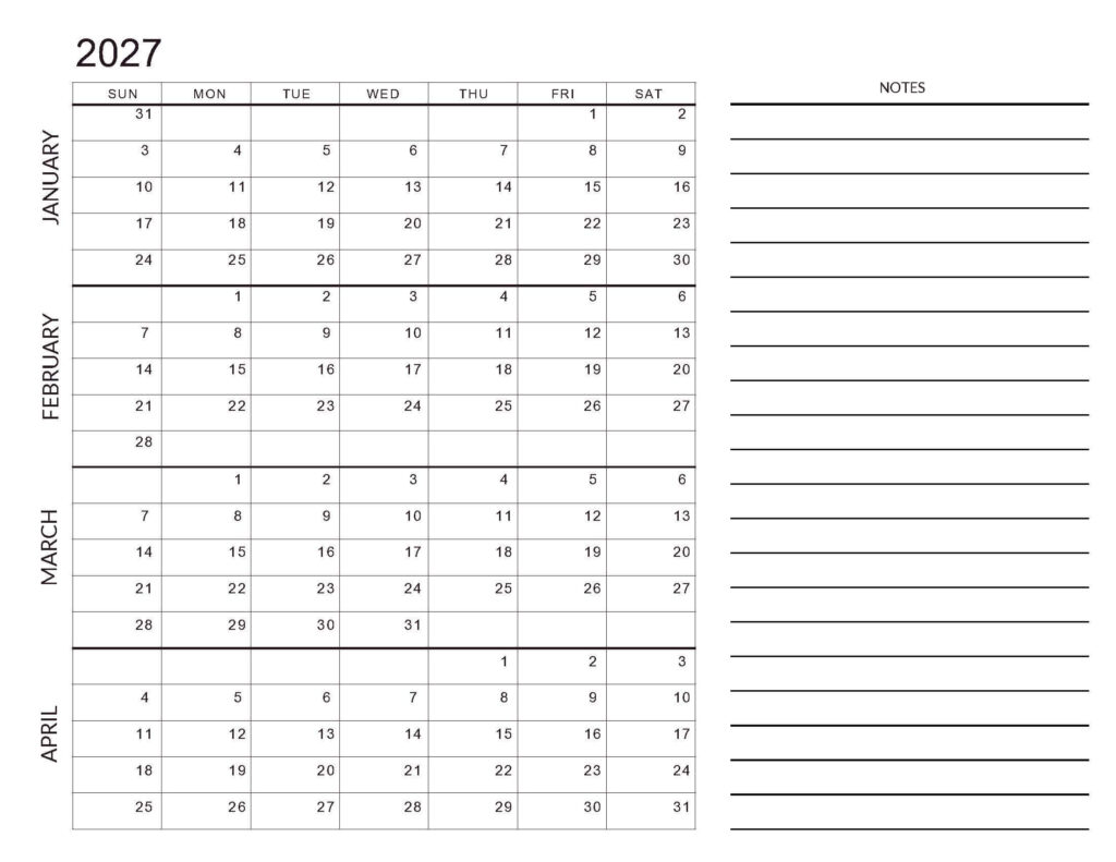 Printable Calendar 2027 4 Months Per Page - January - April 2027 Calendar - 4 Month Templates - CalendarKart