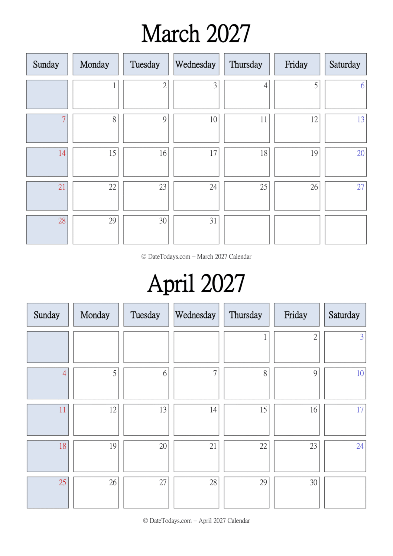 Printable Calendar 2027 March April - March April 2027 Calendar Printable