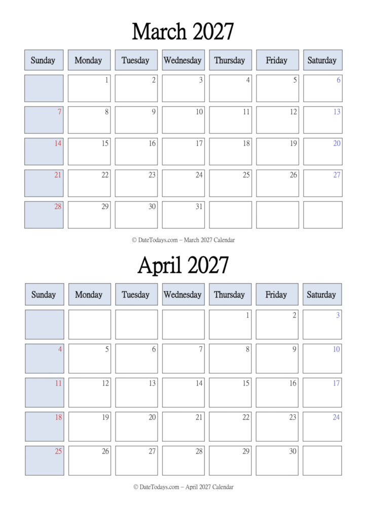 Printable Calendar 2027 March April – March April 2027 Calendar Printable Printable Calendar 2027 March April - March April 2027 Calendar Printable