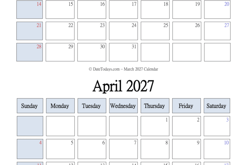 Printable Calendar 2027 March April