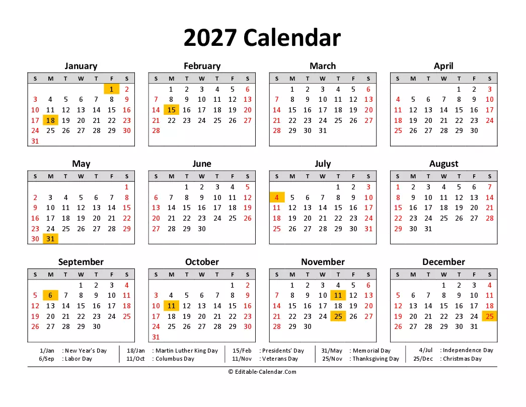 Printable Calendar 2027 With Holidays - Download 2027 Calendar Printable With Us Holidays, weeks start on Sunday