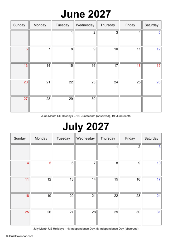 Printable Calendar July 2027 To June 2027 - June and July 2027 Calendar - Dual Calendar