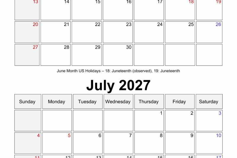 Printable Calendar July 2027 To June 2027