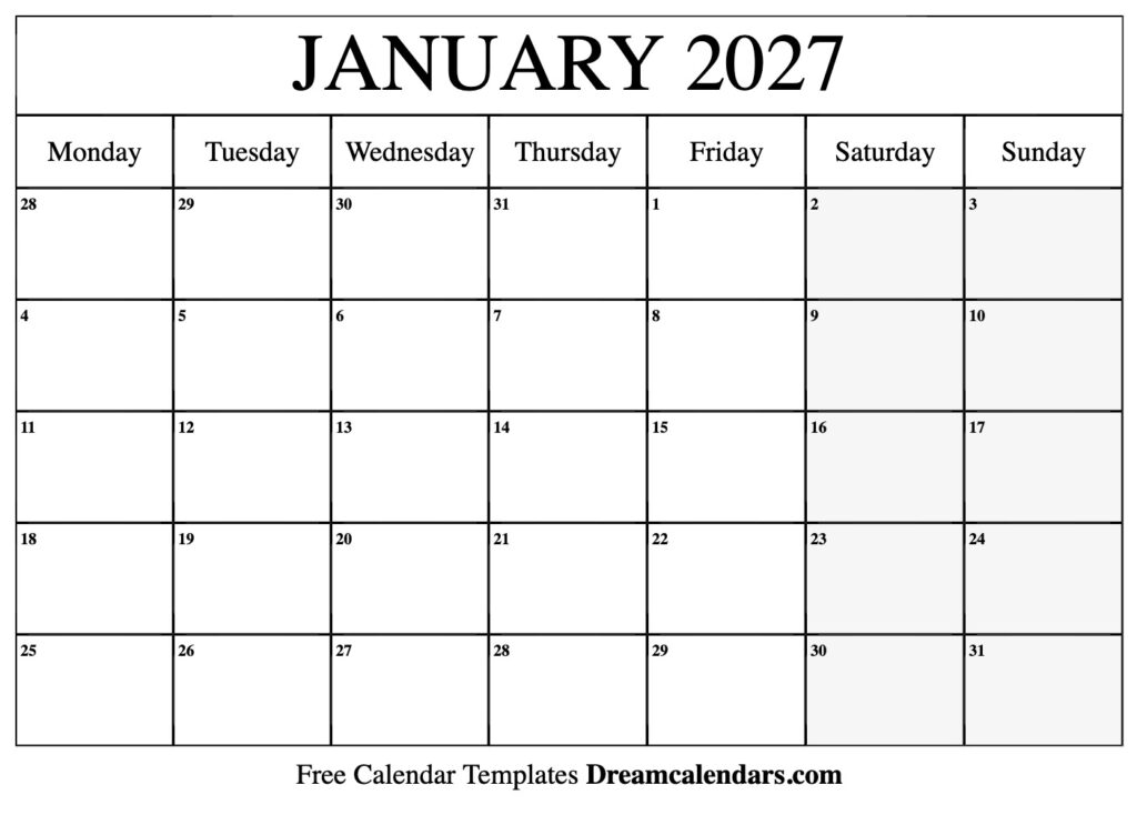 Printable Jan 2027 Calendar Free - January 2027 Calendar - Free Printable with Holidays and Observances