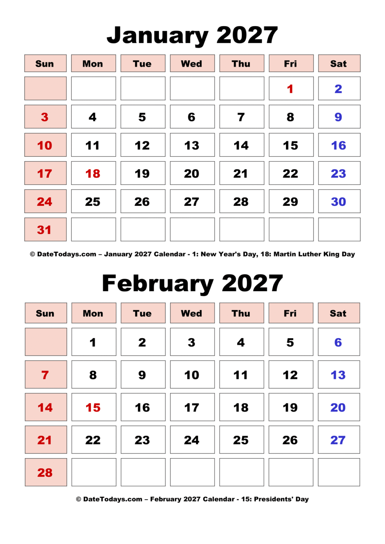 Printable January February 2027 Calendar - January February 2027 Calendar Printable with Holidays