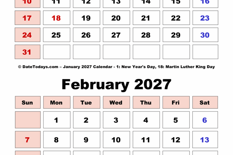 Printable January February 2027 Calendar