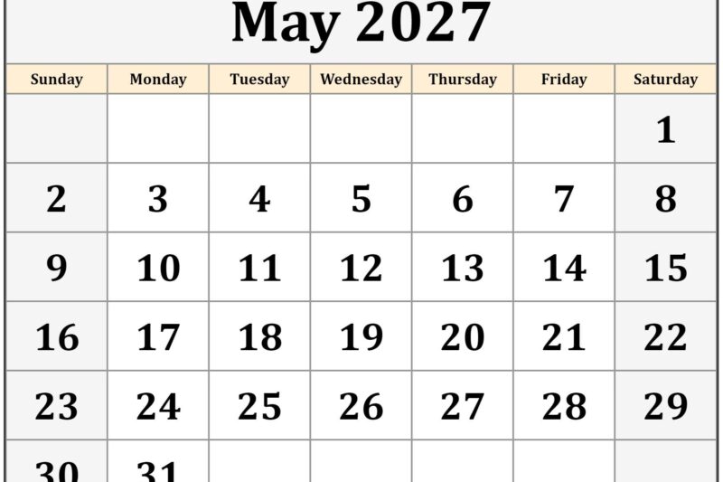 Printable Monthly Calendar May 2027