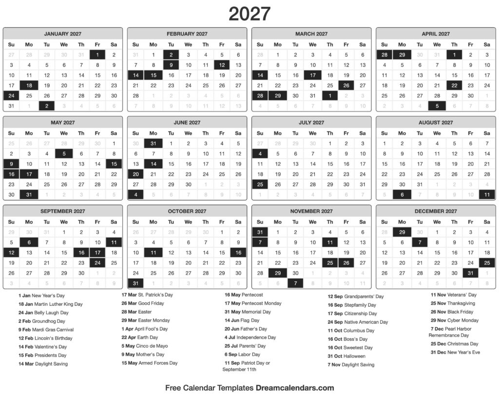 Printable Yearly Calendar 2027