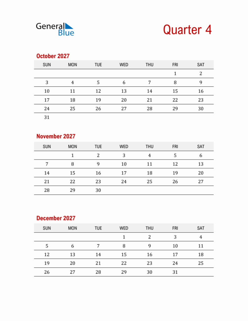 Quarter 4 2027 Calendar Printable (PDF, Word, Excel)