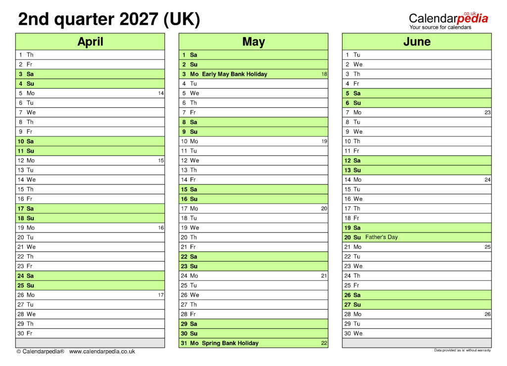 Quarterly calendar 2027 (UK): free PDF templates