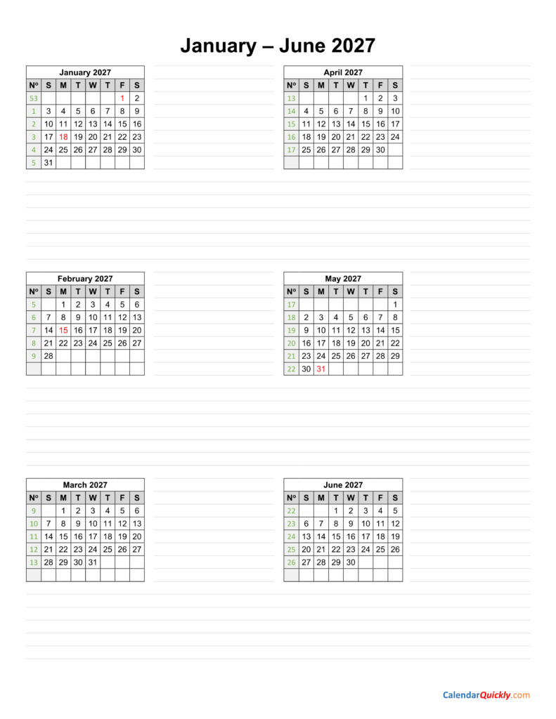 Six Months 2027 Calendar | Calendar Quickly Six Months 2027 Calendar | Calendar Quickly