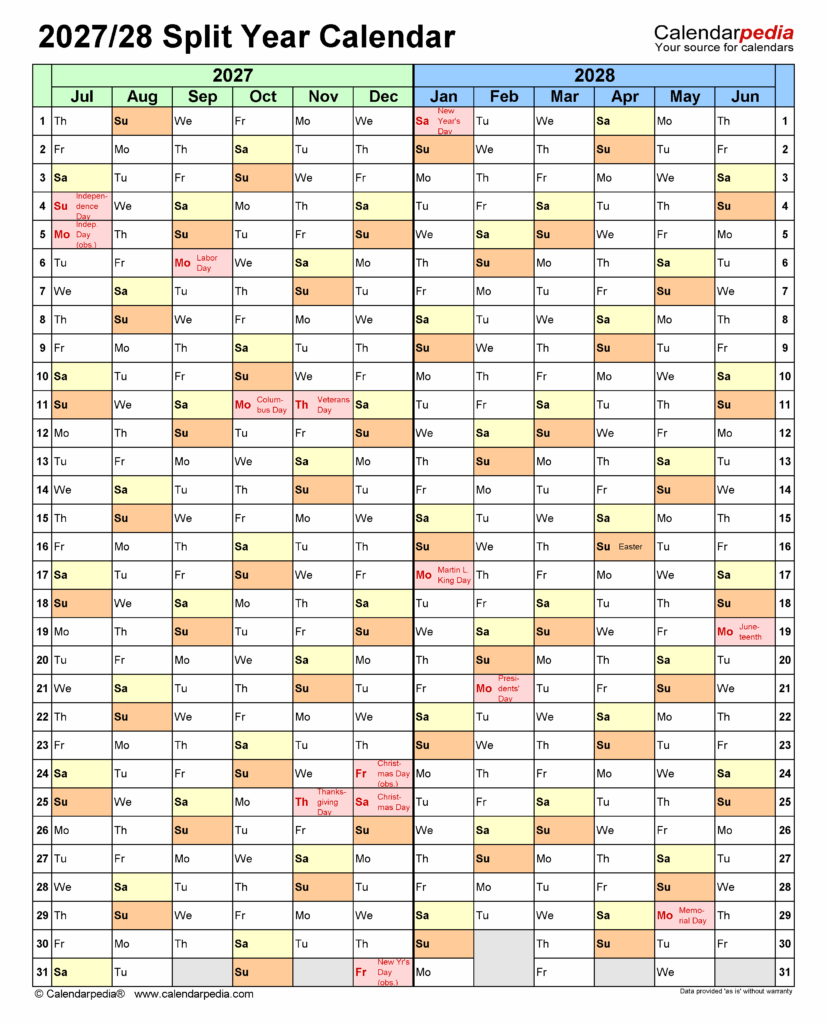 Split Year Calendars 2027/2028 – 10 Excel templates Split Year Calendars 2027/2028 - 10 Excel templates