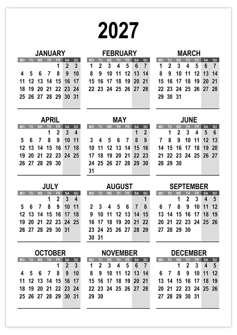 Time And Date Calendar 2027 Printable - Free Printable 2027 Calendar (Week Starts Monday) – free-calendar.su