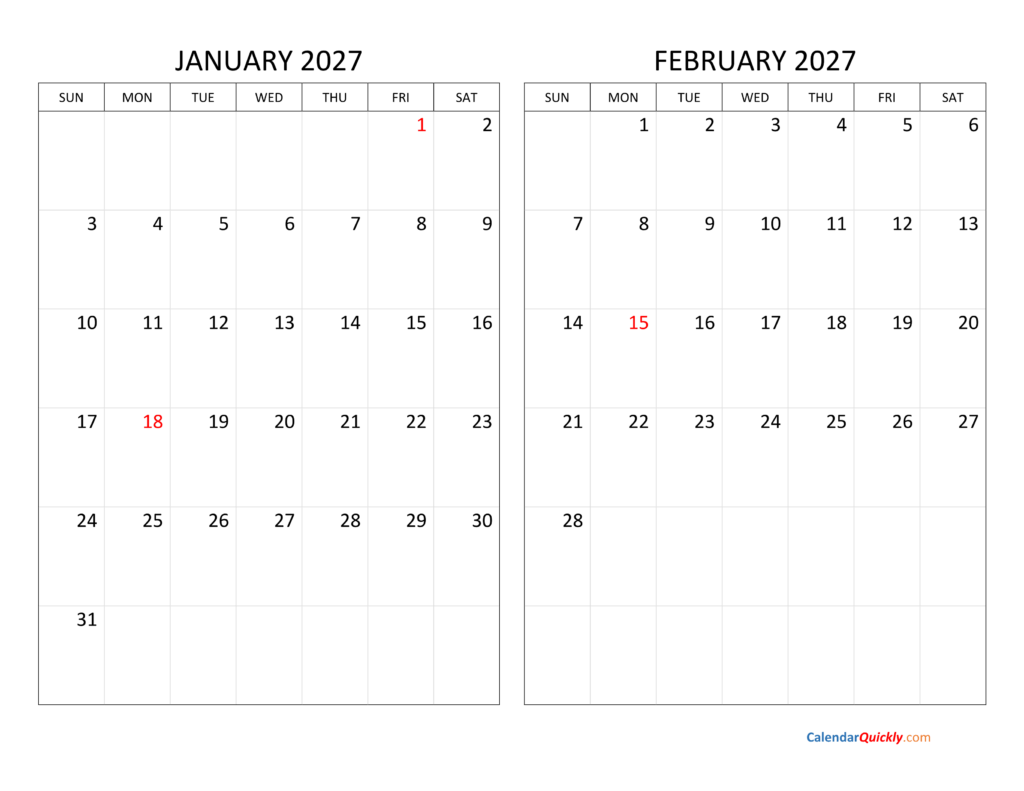 Two Months 2027 Calendar | Calendar Quickly Two Months 2027 Calendar | Calendar Quickly