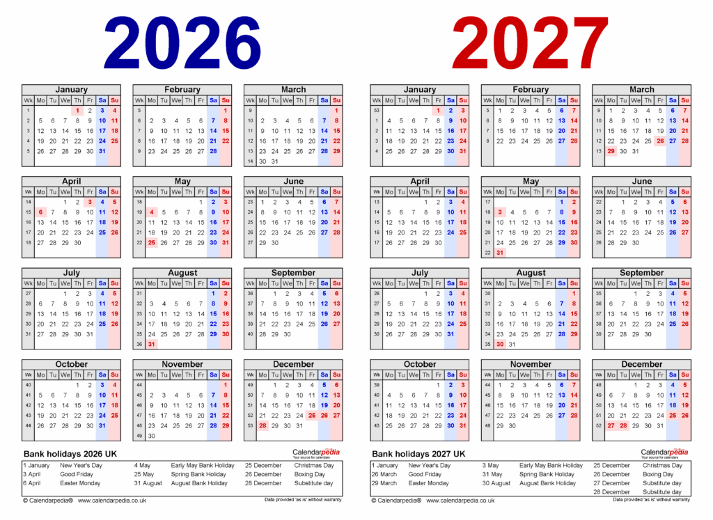Two year calendars for 2026 and 2027 (UK) for PDF