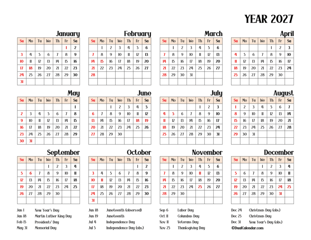 Year 2027 Calendar Printable with US Federal Holidays Year 2027 Calendar Printable with US Federal Holidays