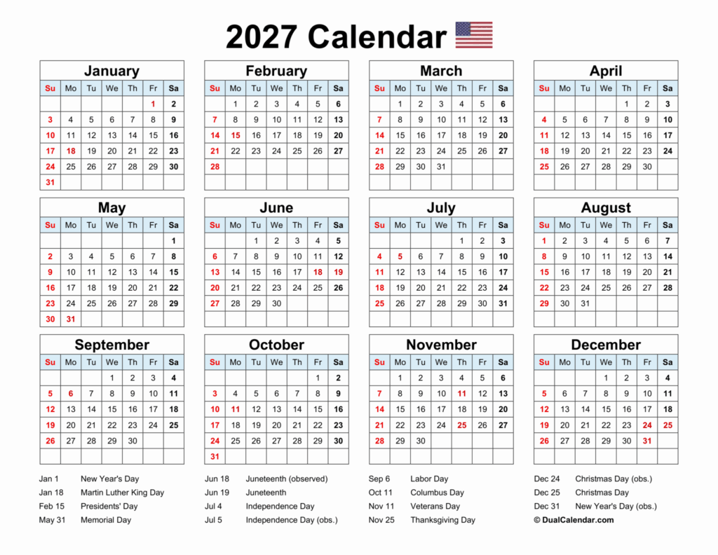 Year 2027 Calendar Printable with US Federal Holidays Year 2027 Calendar Printable with US Federal Holidays