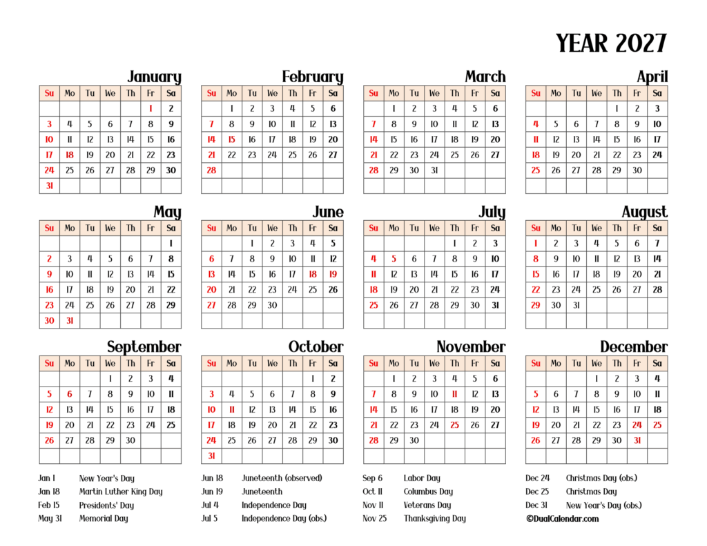 Year 2027 Calendar Printable with US Federal Holidays
