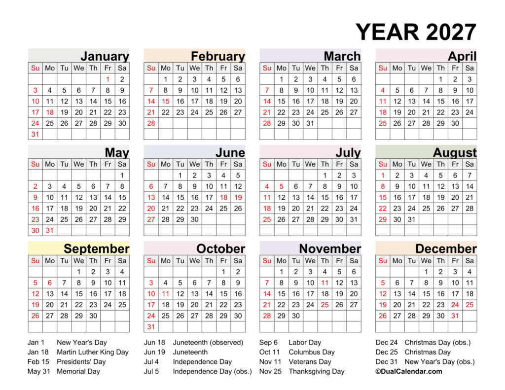 Year 2027 Calendar Printable with US Federal Holidays
