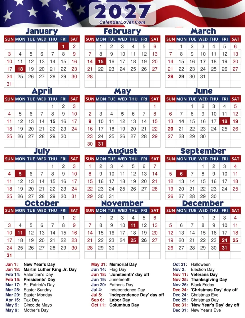 Year 2027 Calendar with Holidays – United States Year 2027 Calendar with Holidays - United States